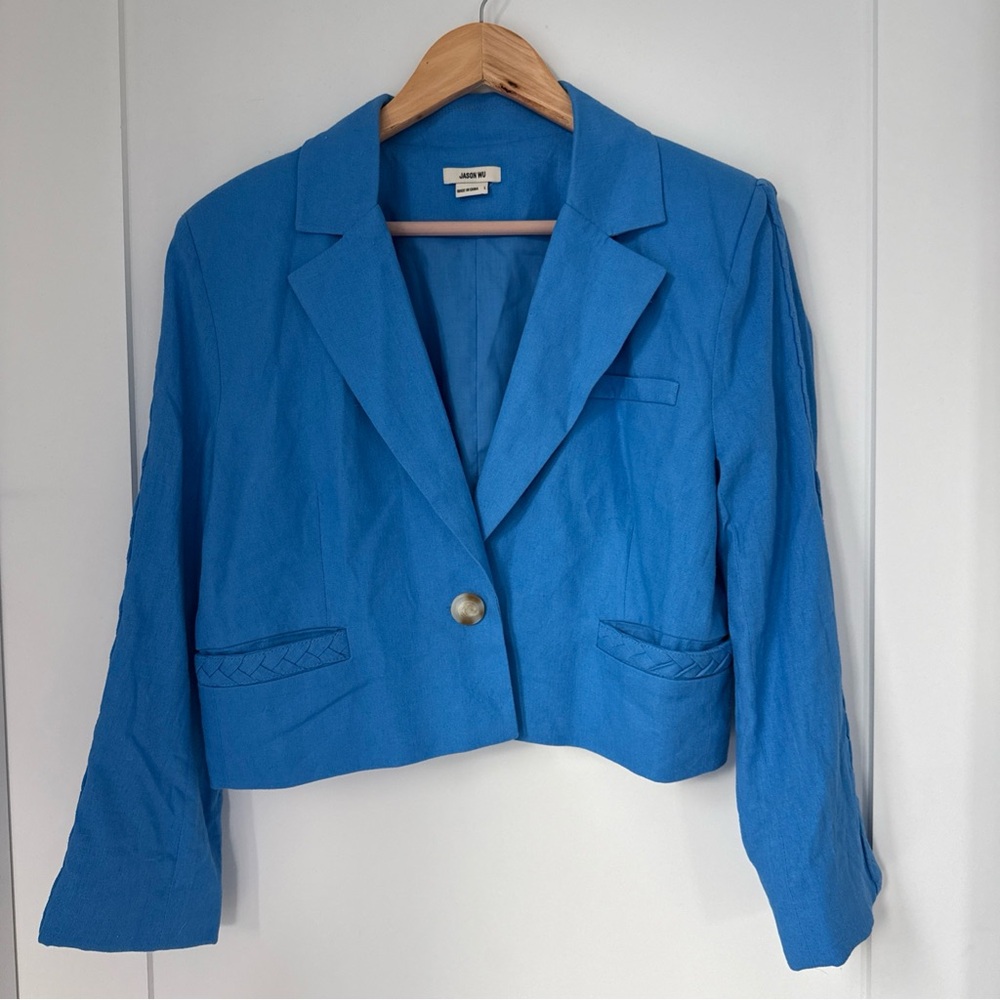 JASON WU Cornflower Blue Linen Blend Cropped Blazer Braid Detail Sz L